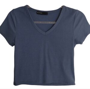Brit & Bri Crop Top Woman Small Blue V- Neck Crop Top Short Sleeves Junior Beach